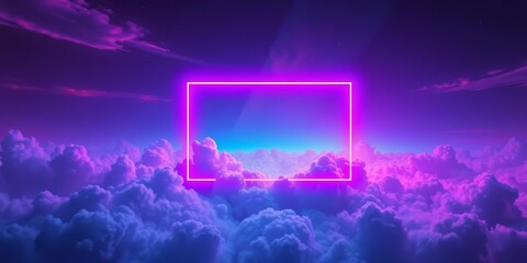 Cyberpunk cloudscape; neon blue purple rectangle frame , formation, pixel