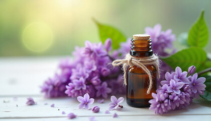 Amber glass bottle surrounded by lilac flowers and leafy greens on a white wooden background, springtime calm and natural aromatherapy concept.