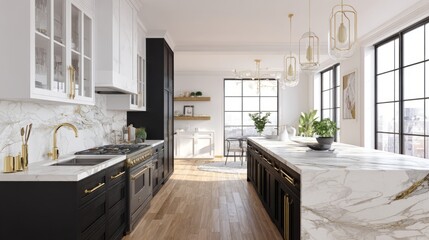 Modern black and white kitchen with gold accents and marble surfaces, embodying sleek elegance in a culinary space.
