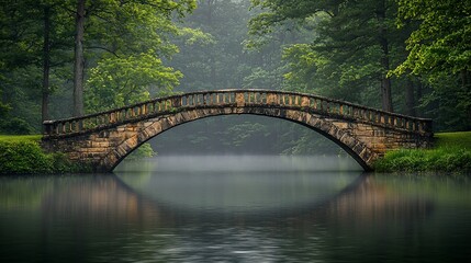 Misty park stone bridge over calm water