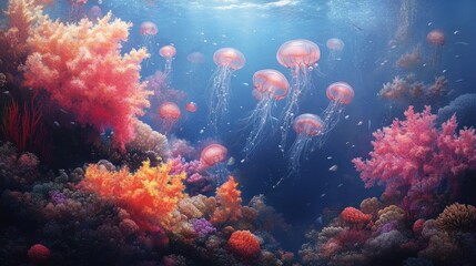 Naklejka premium Vibrant coral reef teeming with jellyfish. Sunlight penetrates the water