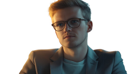 Relaxed startup founder in blazer and t-shirt, cinematic lighting, PNG