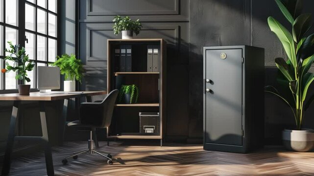 Stylish contemporary office interior with gray walls, wooden herringbone floors, desk, bookcase with files, metal safe, and various indoor plants creating professional atmosphere.