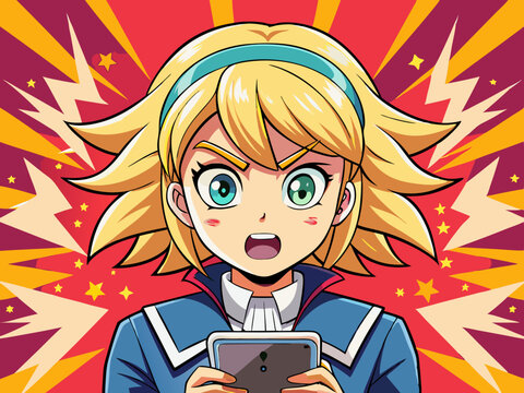 "Pop art inspired anime character with expressive eyes and comic book explosion behind her, holding a phone."

