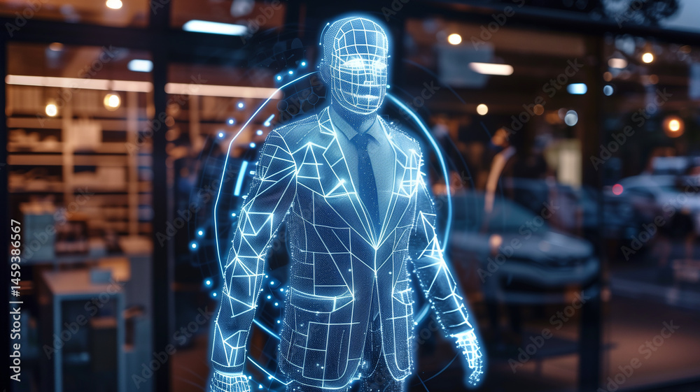 Poster this digital business model stands outside a modern storefront, highlighting advanced tech.