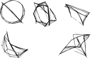 A set of vector elements, modern flat design with intricate black lines and futuristic aesthetics of sharp angles and smooth curves, simple two-dimensional shapes, soft dreamy atmosphere and high tech