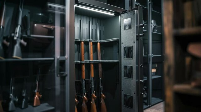 A high-security gun safe with rifles and firearms properly stored, showing organized weapon storage with interior lighting.