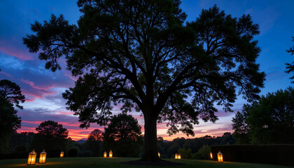 Majestic tree silhouetted against colorful sunset sky  