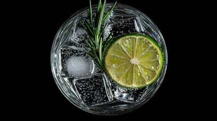 Refreshing drink with ice, rosemary sprig, and a lime slice on black backdrop