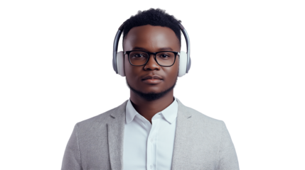 Modern tech worker with headphones and business casual outfit, white background