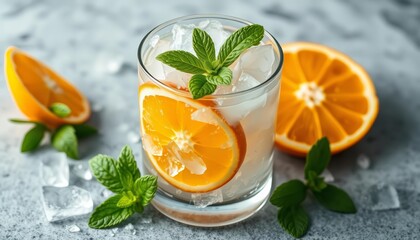 Fototapeta premium Crushed ice, orange slices, and fresh mint leaves in a glass, simple, juicy