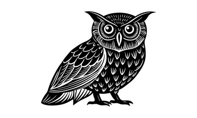 Download Hand Drawn Owl In A Minimal Linocut Style. 4K Silhouette Black Color Vector Art Illustration Eps File For Design.