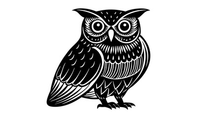 Download Hand Drawn Owl In A Minimal Linocut Style. 4K Silhouette Black Color Vector Art Illustration Eps File For Design.