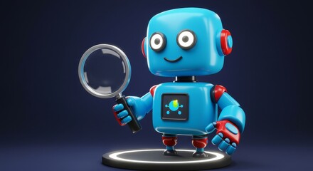 Naklejka premium Curious 3D Robot Exploring With Magnifying Glass - A friendly 3D robot holds a magnifying glass, symbolizing curiosity, exploration, discovery, technology, and innovation