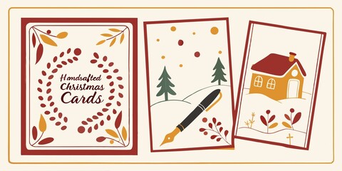 Handcrafted christmas cards designs featuring festive holiday themes,including elegant floral wreath,winter scenery with pen,and cozy house