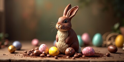 3D rendered Easter bunny with colorful chocolate eggs