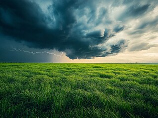 Thunderstorm rolling over a spring meadow nature landscape dramatic sky wide angle view atmospheric conditions