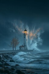 Fototapeta premium A solitary lighthouse illuminated by stormy skies and crashing waves creating drama