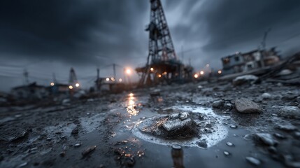 Old Soviet oil field in a desolate and sad post-apocalyptic landscape with debris
