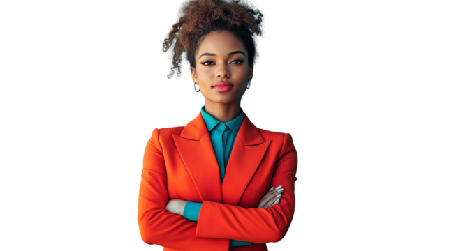 Confident businesswoman in bold-colored suit, waist-up portrait, clean lighting
