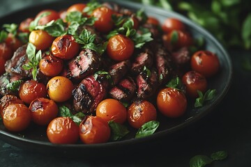 Grilled steak with blistered cherry tomatoes and basil