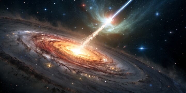 Spectacular galaxy burst illustration shows active galactic nucleus and star formation with cosmic light beams
