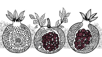 Decorative pomegranate illustrations in a patterned background.