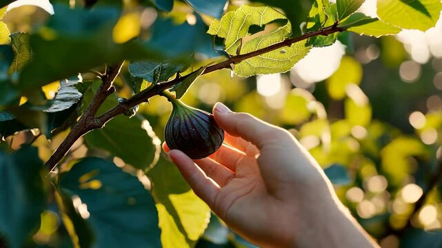 A hand holds a ripe fig on a vibrant tree branch surrounded by lush green leaves. This moment captures the essence of picking fresh fruit, embracing nature's gifts.