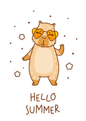 Cute сartoon capybara with sun glasses isolated on white background - funny animal for Your happy summer greeting card design