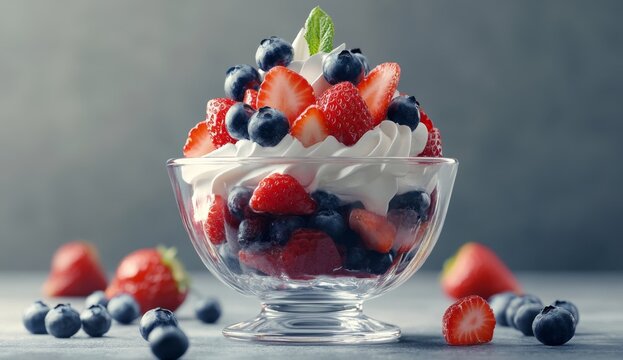 Fresh berries and whipped cream dessert.  A glass bowl filled with mixed berries?strawberries, blueberries, raspberries?atop whipped cream
