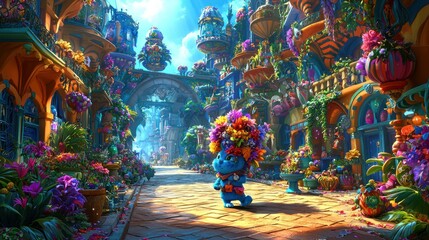 Fototapeta premium Whimsical blue creature strolls through a fantastical floral cityscape wonderland