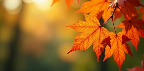 Fototapeta premium Close up of orange maple leaves on tree branch with soft focus background , leaves, tree, nature