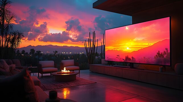 Outdoor tv on patio with sunset scene, modern furniture, fire pit, scenic view, outdoor entertainment setup