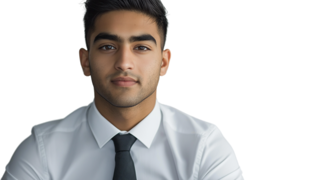 Young male executive in dress shirt and tie, professional portrait on white