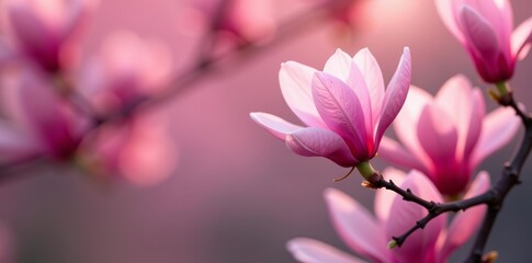 Obraz premium Close-up of pink chinese magnolia tree flowers in bloom during spring, season, floral