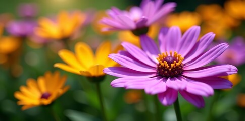 Obraz premium Close-up of purple and yellow daisy flowers in full bloom in a spring garden, garden, bloom