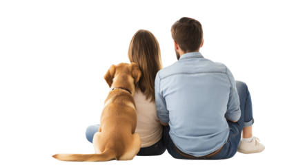 Young couple and their Labrador dog, back view, on white background 