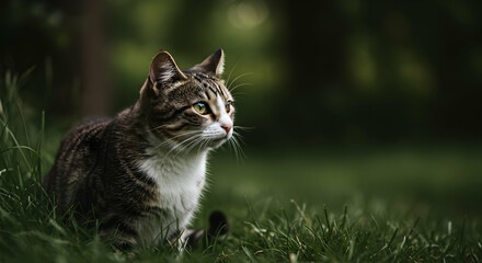 Striped Cat Sitting Gracefully in Lush Green Grass Landscape
