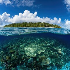Obraz premium A tropical island with lush greenery above water and vibrant coral reefs visible beneath the ocean surface.
