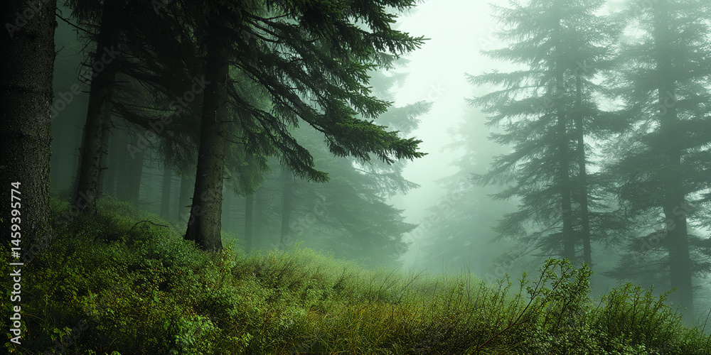 Poster misty forest path, tall green trees shrouded in fog, creating a mysterious and serene atmosphere, sy
