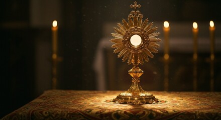 Golden monstrance on a patterned cloth with candles in the background in a dark setting indoors