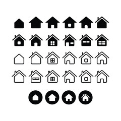 Home Icons Set &ndash; Solid, Outline, and Circle Button Styles. simple and modern house designs suitable for UI/UX design, web interfaces, mobile apps, real estate presentations, and infographics.