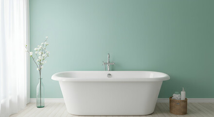 Fototapeta premium Modern Minimalist Bathroom with Soothing Green Walls and Bathtub