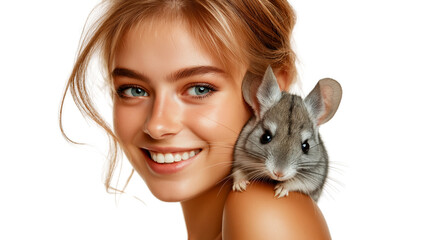 Girl in tank top with chinchilla on her shoulder, isolated on white