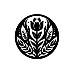 Minimalist Black and White Floral Emblem: Circle, Flower Design