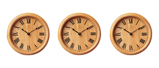 Three round wooden wall clocks displaying Roman numerals and showing slightly different times isolated on a stark transparent background for.