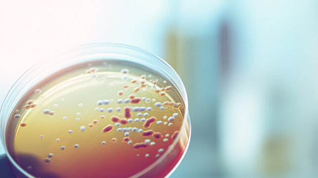 Scientists are studying the microbiota of the intestines and stomach of a person on a Petri dish, close-up