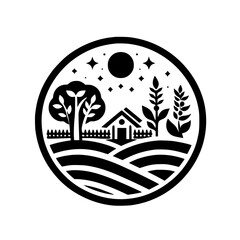 Rural Farmhouse Silhouette in Circle, Night Sky, Rustic Minimalist Design