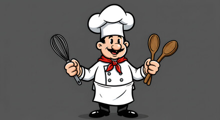 Naklejka premium Cartoon Chef with Whisk and Spoon
