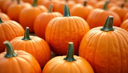 Obraz premium Close-up of vibrant orange pumpkins arranged neatly in rows at a pumpkin patch, Halloween, festive, farm stand